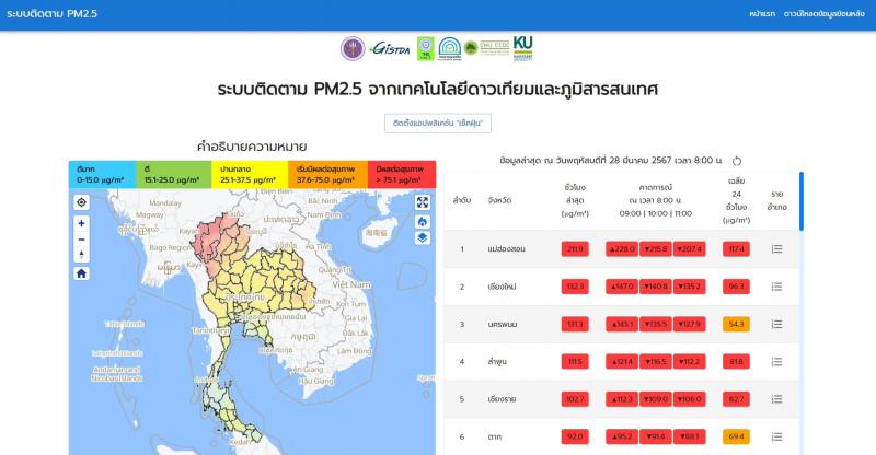 สถานการณ์ฝุ่น PM 2.5 แบบรายชั่วโมง ด้วยข้อมูลจากดาวเทียมผ่านแอปพลิเคชั่น “เช็คฝุ่น” เมื่อเวลา 08.00 น. ของวันที่ 28 มีนาคม 2567_1